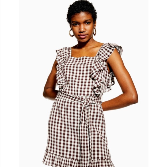 Topshop Dresses & Skirts - Topshop Brown Gingham Ruffle Mini Dress